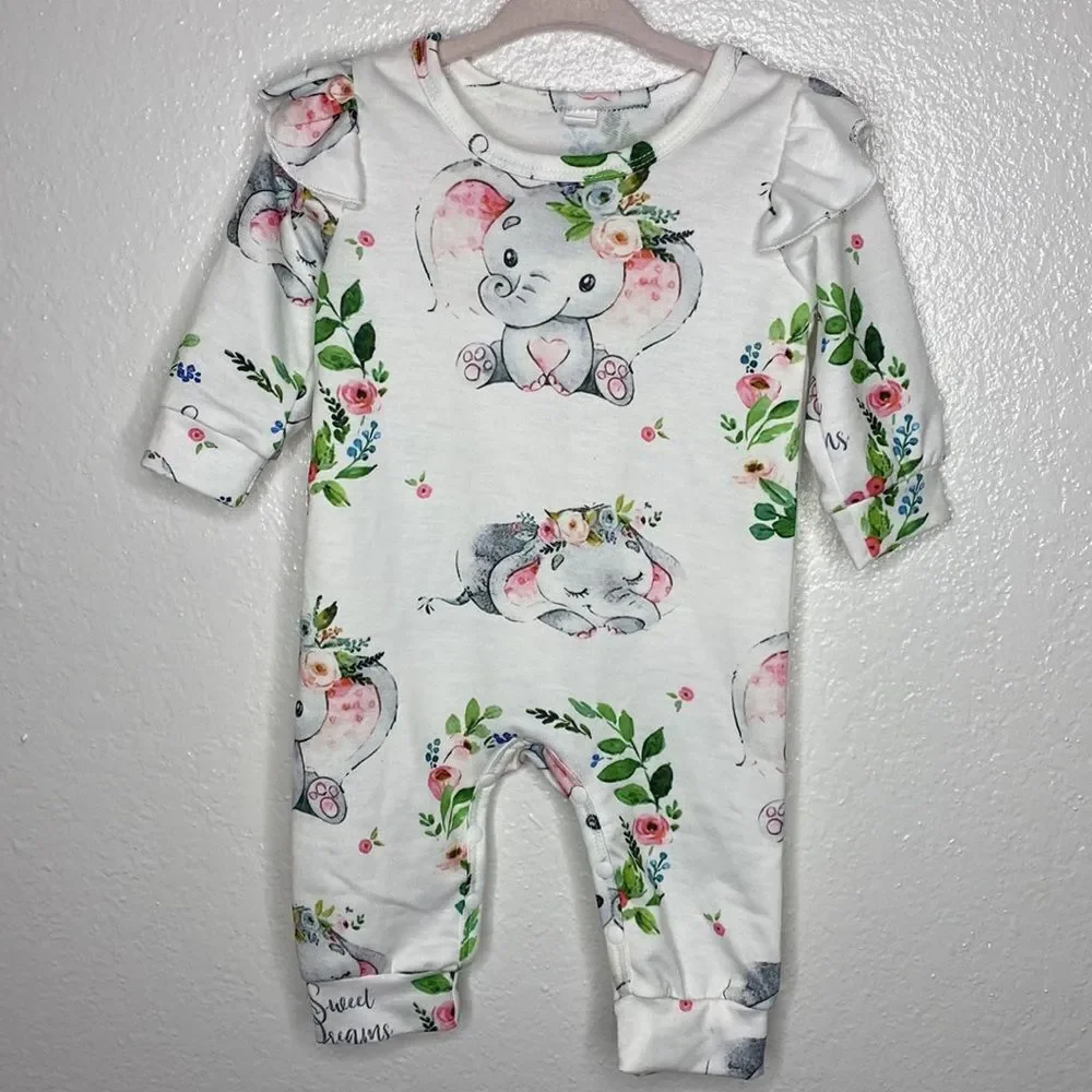 SHEIN Adorable Elephant Sweet Dreams Print Ruffle Onesie 3-6M